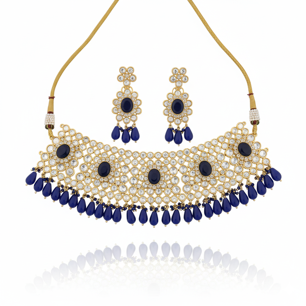 Royal Sapphire Blue Kundan Statement Choker Necklace Set - Image 4