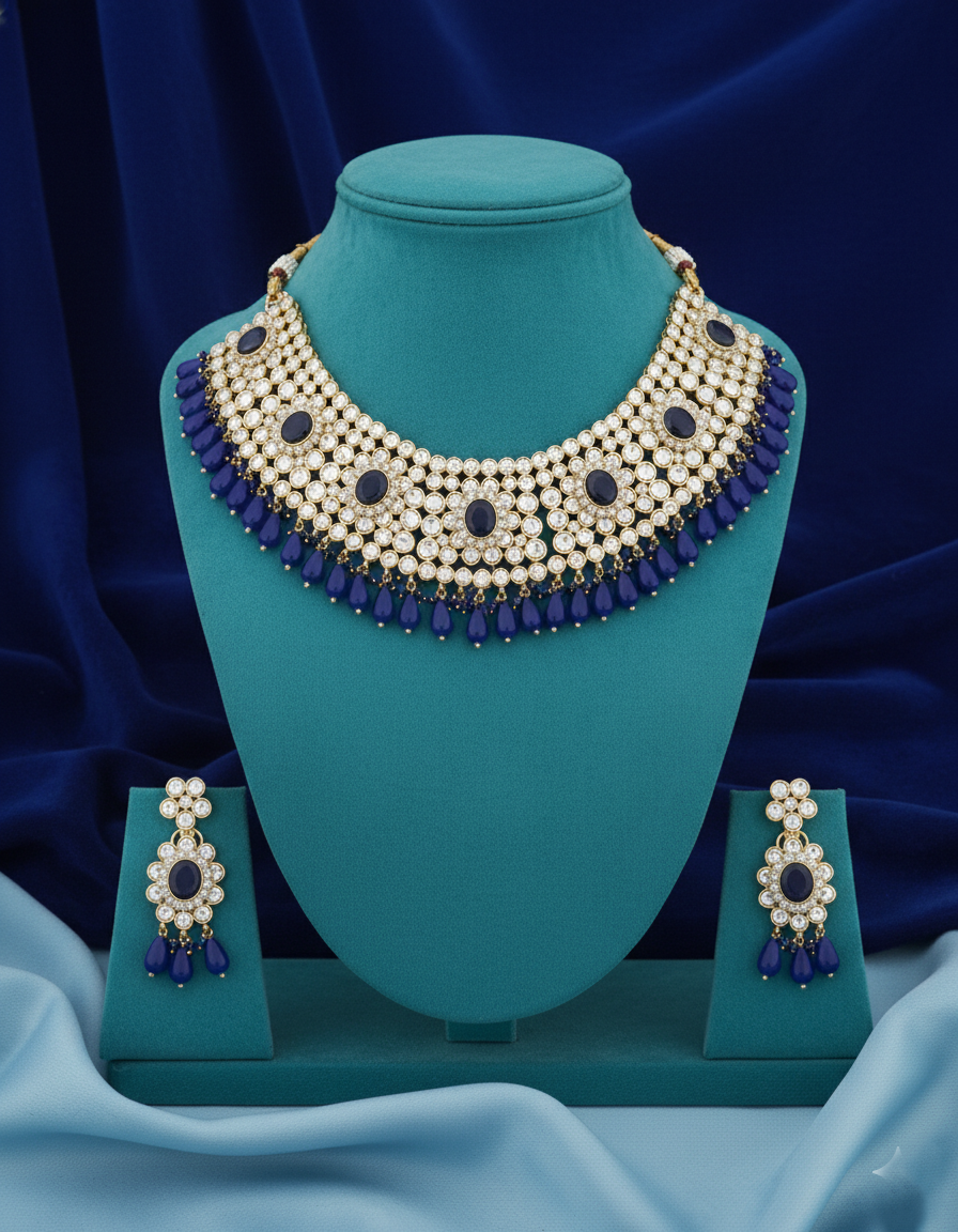 Royal Sapphire Blue Kundan Statement Choker Necklace Set
