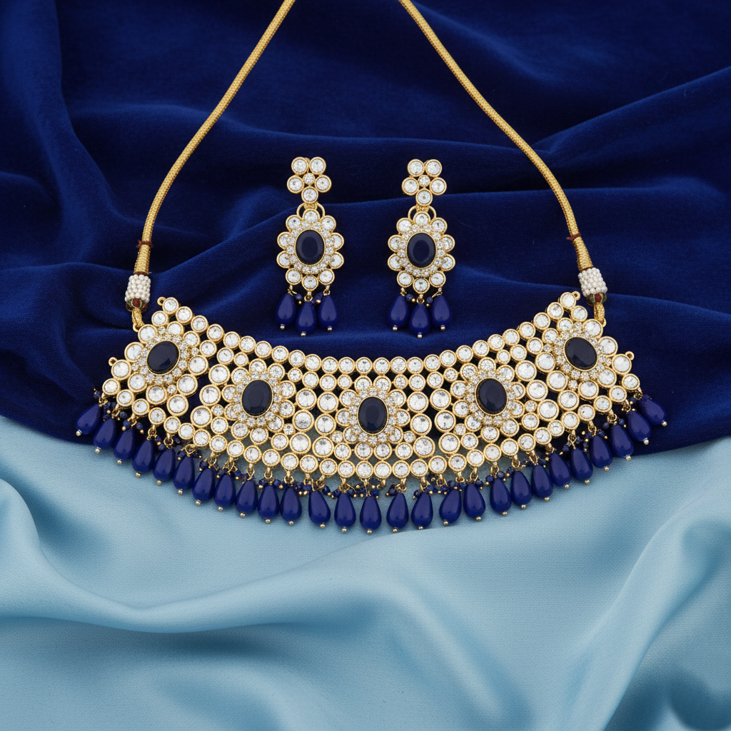 Royal Sapphire Blue Kundan Statement Choker Necklace Set - Image 3
