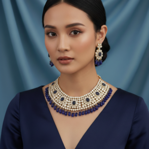 Royal Sapphire Blue Kundan Statement Choker Necklace Set