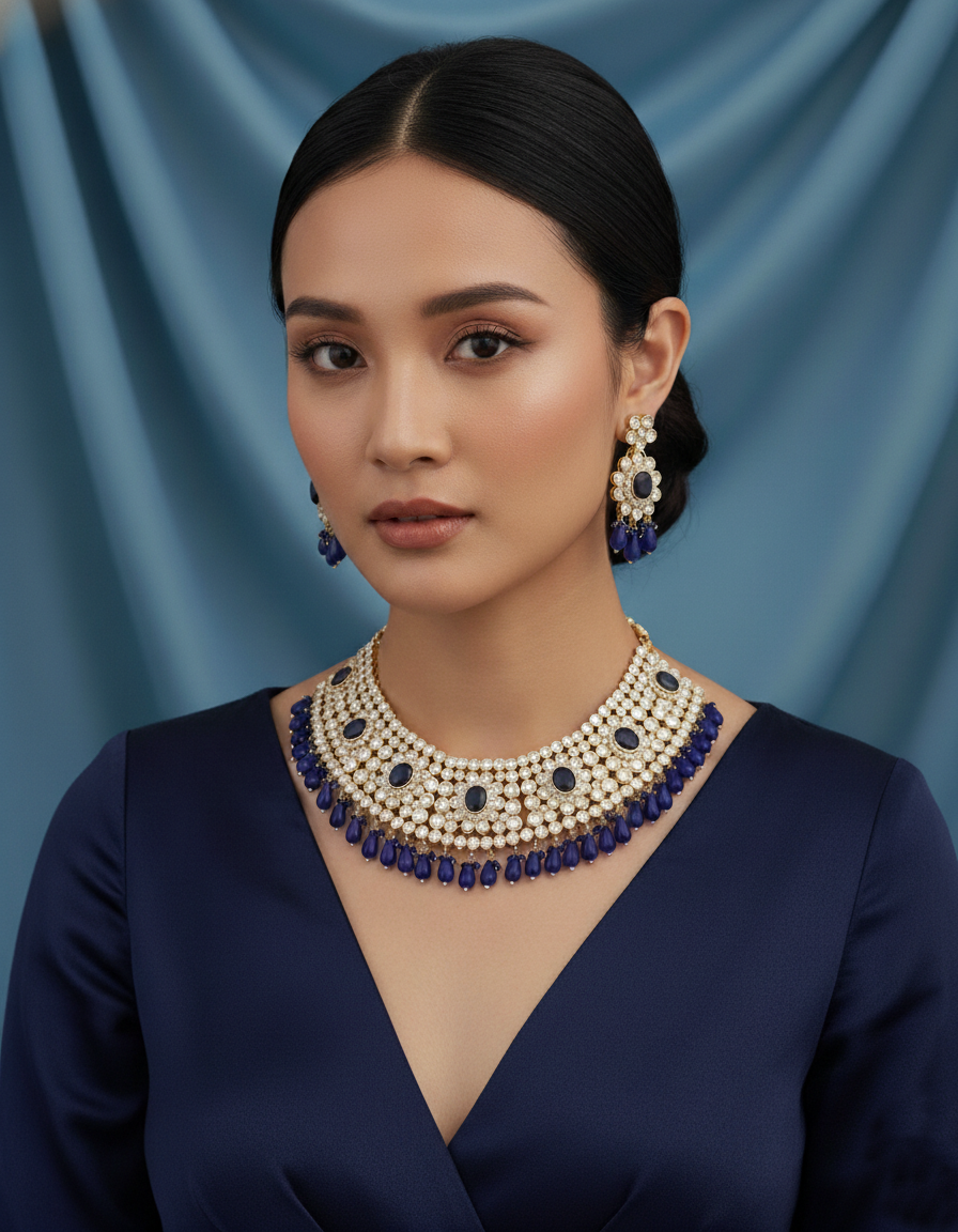 Royal Sapphire Blue Kundan Statement Choker Necklace Set - Image 2