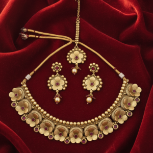 Antique Gold Floral Matte Temple Jewelry Set