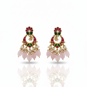 Rose Quartz & Polki Floral Crescent Chandbali Earrings