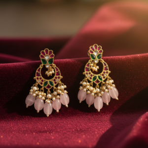 Rose Quartz & Polki Floral Crescent Chandbali Earrings