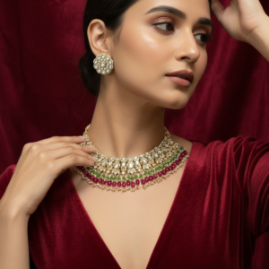 Navaratna-Style Kundan Choker & Floral Stud Set