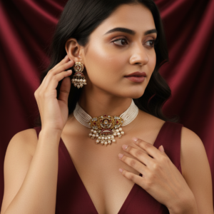 Ruby-Enamel Kundan Multi-Strand Pearl Choker Set