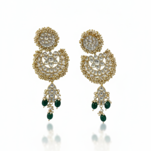 Royal Jadau Kundan Chandbali Earrings with Emerald Green Droplets