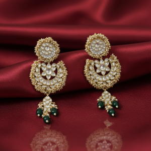 Royal Jadau Kundan Chandbali Earrings with Emerald Green Droplets