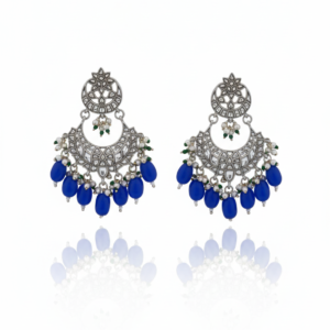 Silver-Finish Oxidized Chandbalis with Royal Blue Drops
