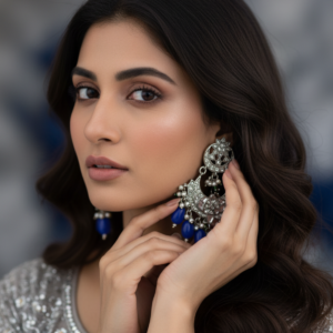 Silver-Finish Oxidized Chandbalis with Royal Blue Drops