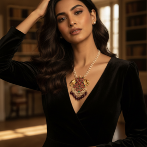 Imperial Elephant Motif Temple Pendant & Pearl Mala