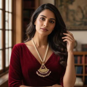 Triangular Polki Kundan & Ruby Drop Pendant Set