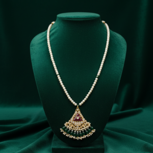 Triangular Kundan & Emerald-Green Droplet Pendant Set