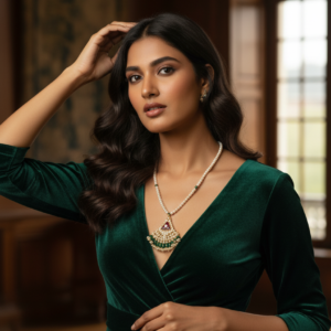 Triangular Kundan & Emerald-Green Droplet Pendant Set