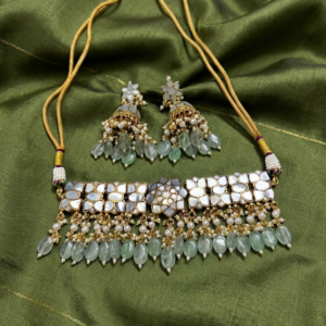 Floral Mirror-Work Choker with Mint Bead Droplets