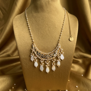 Mother-of-Pearl Crescent Necklace with Leaf Droplets