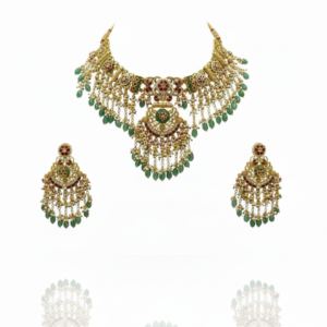 Handcrafted Antique Gold Choker Set with Meenakari Pendants & Emerald Droplets