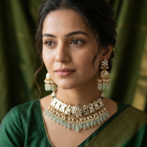 Floral Mirror-Work Choker with Mint Bead Droplets