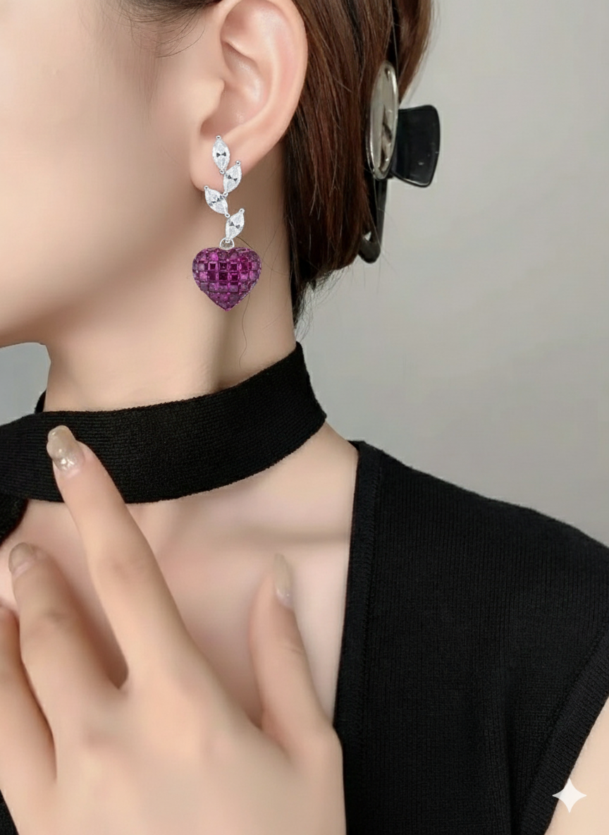 Ruby Heart & Marquise Leaf Drop Earrings