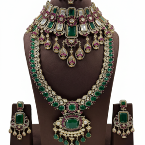 Grand Emerald Royale Polki Bridal Set with Ruby Floral Highlights