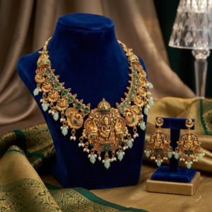 Imperial Temple Ganesha Necklace Set with Emerald Green Inlays and Mint Pearl Droplets