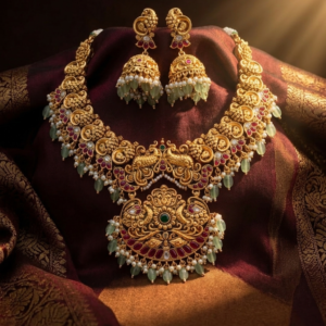 Heritage Twin Peacock Temple Necklace Set with Ruby Accents