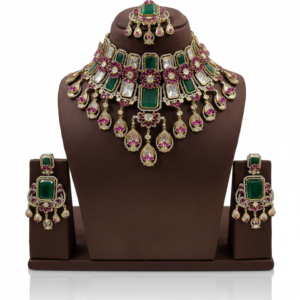 Majestic Emerald & Ruby Floral Choker Set with Victorian Polki Accents