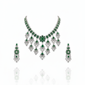 Majestic Floral Cascade Emerald & Silver Statement Set