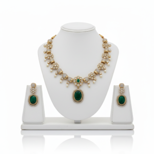 Majestic Emerald Oval & Pearl Drop Gold-Toned Set