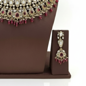 Antique Gold-Finish Kundan Choker Set with Ruby Pink Drops & Maang Tikka
