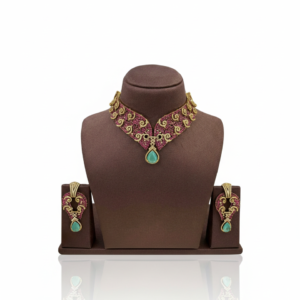 Regal Filigree Ruby-Hued Choker with Mint Drop Accents
