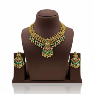 Handcrafted Antique Gold Necklace Set with Emerald & Ruby Detailing