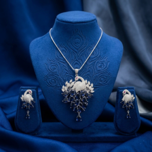 Royal Sapphire Blue Peacock Pendant Set with Shimmering Silver-Tone Accents