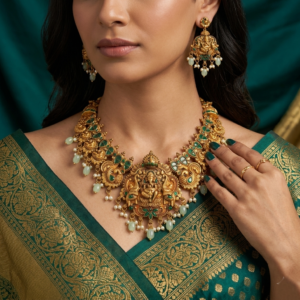 Imperial Temple Ganesha Necklace Set with Emerald Green Inlays and Mint Pearl Droplets