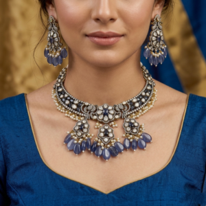 Sapphire Radiance Pavé-Framed Kundan & Tanzanite Blue Drop Set