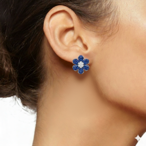 Royal Blue Sapphire & Diamond Flower Stud Earrings