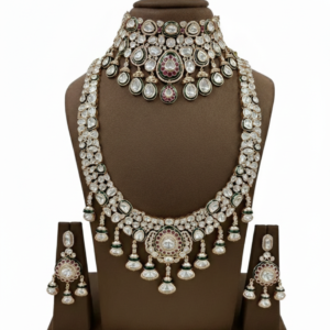 Graceful Polki & Pearl Heritage Bridal Set with Emerald Meenakari Accents