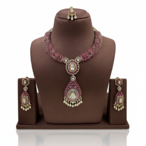 Crimson Ruby Bead Statement Necklace with Polki Medallion Pendant