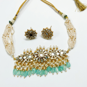 Vintage Mirror-Work Pearl Choker with Seafoam Drops
