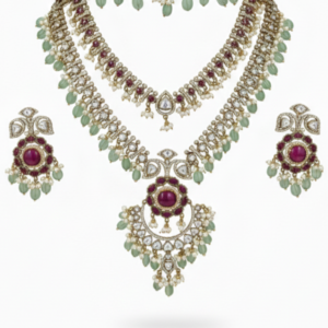 Royal Uncut Polki & Mint Bead Layered Bridal Set