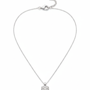 Silver-Tone Emerald-Cut Geometric Halo Pendant Necklace