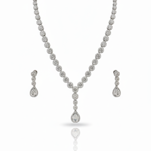 Stellar Brilliance: Silver-Finish Solitaire Halo Drop Necklace Set