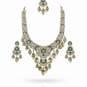Antique Polki Rani Haar with Emerald Meenakari & Pearl Jhumki Drops