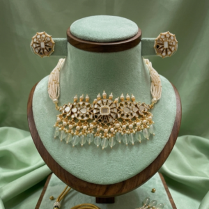 Vintage Mirror-Work Pearl Choker with Seafoam Drops