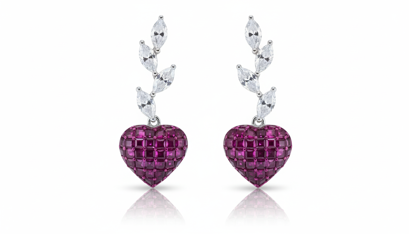 Ruby Heart & Marquise Leaf Drop Earrings - Image 2