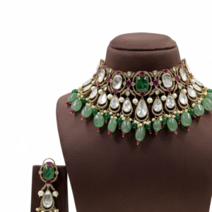 Handcrafted Polki Choker with Russian Emerald Tumbles and Ruby Accents