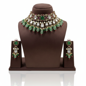 Handcrafted Polki Choker with Russian Emerald Tumbles and Ruby Accents