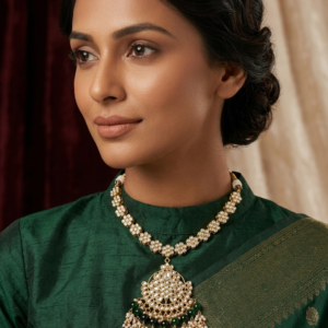 Antique Gold Polki-Style Pendant Necklace with Emerald Accents