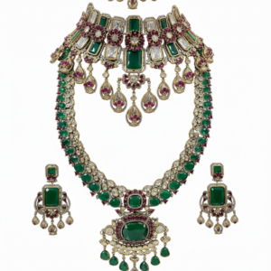 Grand Emerald Royale Polki Bridal Set with Ruby Floral Highlights