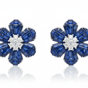Royal Blue Sapphire & Diamond Flower Stud Earrings